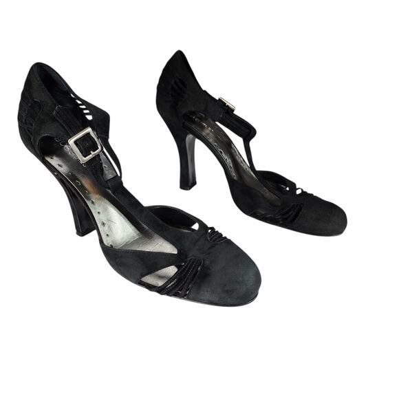 BCBGirls T Strap Heels sz 8B Women Black Suede Leather 4" Retro 1940s Whimsigoth - Picture 1 of 11
